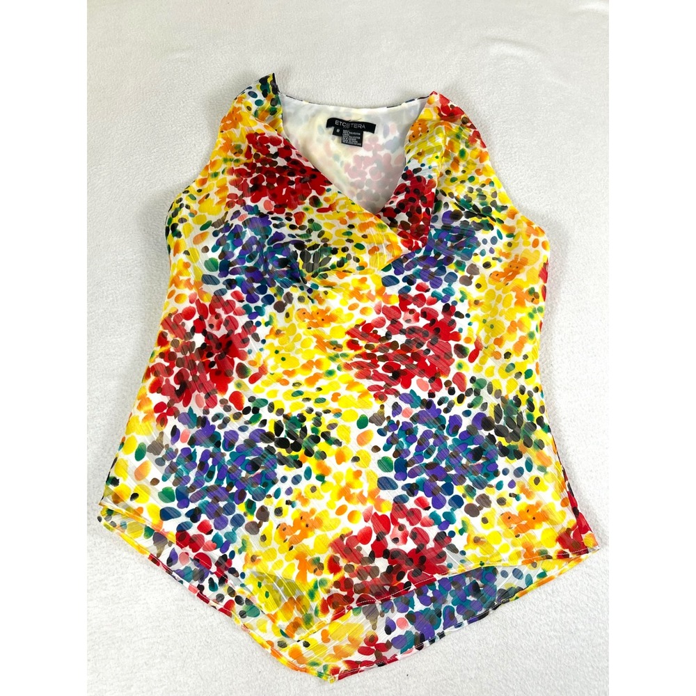 Etcetera Blouse Women 8 Multicolor Abstract Dot Cowl Neck Sleeveless Art To Wear